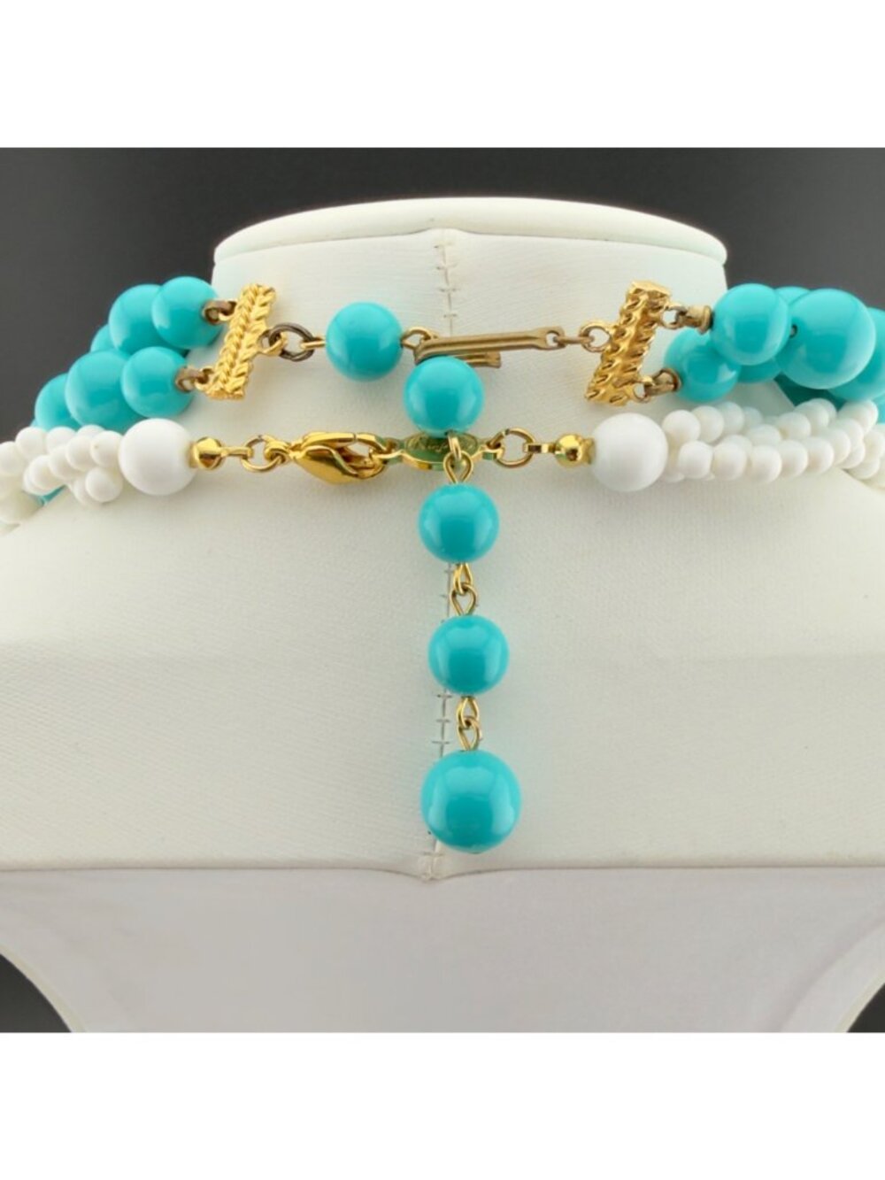 Vintage Set of 2 Beaded Necklaces White Napier Aqua Blue Multi Strand 16 inches - Picture 9 of 13